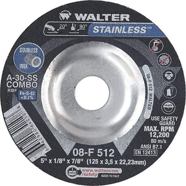 WALTER Surface Technologies - 30 Grit, 5" Wheel Diam, 1/8" Wheel Thickness, 7/8" Arbor Hole, Type 27 Depressed Center Wheel - Aluminum Oxide, Resinoid Bond, 12,200 Max RPM - Benchmark Tooling