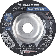WALTER Surface Technologies - 30 Grit, 5" Wheel Diam, 1/8" Wheel Thickness, 7/8" Arbor Hole, Type 27 Depressed Center Wheel - Aluminum Oxide, Resinoid Bond, 12,200 Max RPM - Benchmark Tooling