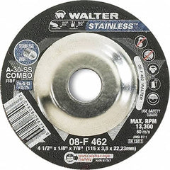 WALTER Surface Technologies - 30 Grit, 4-1/2" Wheel Diam, 1/8" Wheel Thickness, 7/8" Arbor Hole, Type 27 Depressed Center Wheel - Aluminum Oxide, Resinoid Bond, 13,300 Max RPM - Benchmark Tooling