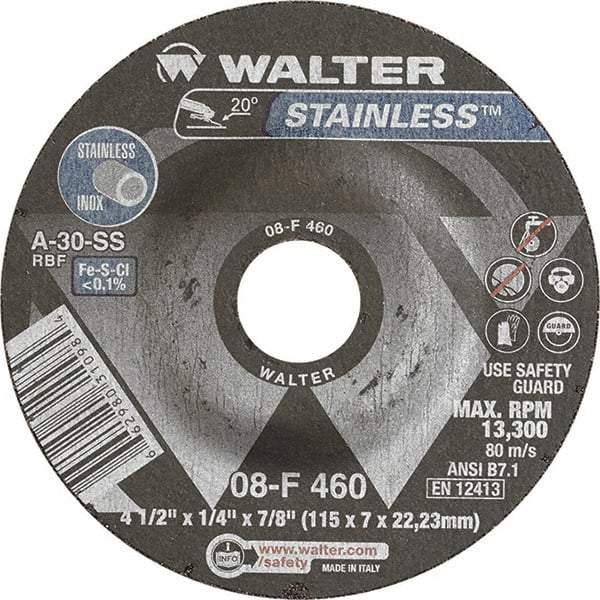 WALTER Surface Technologies - 30 Grit, 4-1/2" Wheel Diam, 1/4" Wheel Thickness, 7/8" Arbor Hole, Type 27 Depressed Center Wheel - Aluminum Oxide, Resinoid Bond, 13,300 Max RPM - Benchmark Tooling