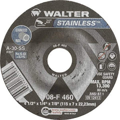 WALTER Surface Technologies - 30 Grit, 4-1/2" Wheel Diam, 1/4" Wheel Thickness, 7/8" Arbor Hole, Type 27 Depressed Center Wheel - Aluminum Oxide, Resinoid Bond, 13,300 Max RPM - Benchmark Tooling