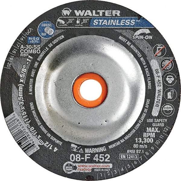WALTER Surface Technologies - 30 Grit, 4-1/2" Wheel Diam, 1/8" Wheel Thickness, Type 27 Depressed Center Wheel - Aluminum Oxide, Resinoid Bond, 13,300 Max RPM - Benchmark Tooling