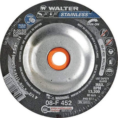 WALTER Surface Technologies - 30 Grit, 4-1/2" Wheel Diam, 1/8" Wheel Thickness, Type 27 Depressed Center Wheel - Aluminum Oxide, Resinoid Bond, 13,300 Max RPM - Benchmark Tooling
