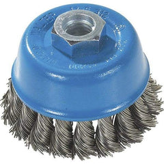 WALTER Surface Technologies - 3" Diam, M14x2.00 Threaded Arbor, Stainless Steel Fill Cup Brush - 0.015 Wire Diam, 12,000 Max RPM - Benchmark Tooling