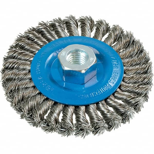 WALTER Surface Technologies - 4-1/2" OD, 5/8-11 Arbor Hole, Knotted Stainless Steel Wheel Brush - 3/8" Face Width, 0.02" Filament Diam, 15,000 RPM - Benchmark Tooling