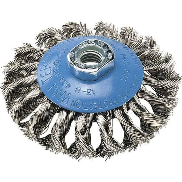 WALTER Surface Technologies - 7" Diam, 5/8-11 Threaded Arbor, Stainless Steel Fill Cup Brush - 0.02 Wire Diam, 10,000 Max RPM - Benchmark Tooling