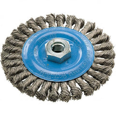 WALTER Surface Technologies - 5" OD, 5/8-11 Arbor Hole, Knotted Stainless Steel Wheel Brush - 3/8" Face Width, 0.02" Filament Diam, 15,000 RPM - Benchmark Tooling