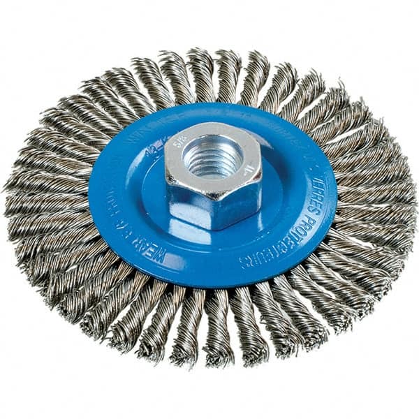 WALTER Surface Technologies - 4-1/2" OD, 5/8-11 Arbor Hole, Stringer Bead Stainless Steel Wheel Brush - 3/16" Face Width, 0.02" Filament Diam, 15,000 RPM - Benchmark Tooling