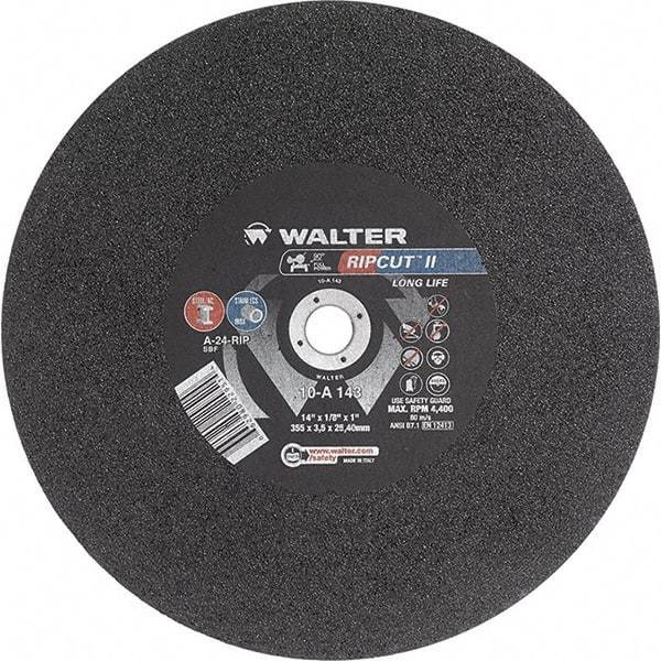 WALTER Surface Technologies - 14" 24 Grit Aluminum Oxide Cutoff Wheel - 1/8" Thick, 1" Arbor, 4,400 Max RPM, Use with Stationary Tools - Benchmark Tooling