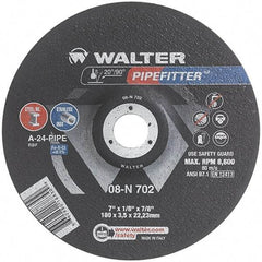 WALTER Surface Technologies - 24 Grit, 7" Wheel Diam, 1/8" Wheel Thickness, 7/8" Arbor Hole, Type 27 Depressed Center Wheel - Aluminum Oxide/Silicon Carbide Blend, Resinoid Bond, 8,600 Max RPM, Compatible with Angle Grinder - Benchmark Tooling