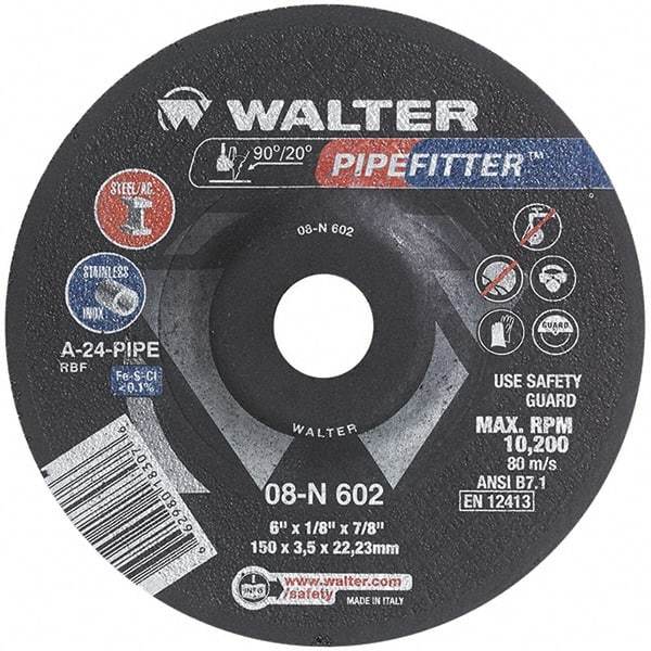 WALTER Surface Technologies - 24 Grit, 6" Wheel Diam, 1/8" Wheel Thickness, 7/8" Arbor Hole, Type 27 Depressed Center Wheel - Aluminum Oxide/Silicon Carbide Blend, Resinoid Bond, 10,200 Max RPM, Compatible with Angle Grinder - Benchmark Tooling