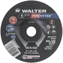WALTER Surface Technologies - 24 Grit, 6" Wheel Diam, 1/8" Wheel Thickness, 7/8" Arbor Hole, Type 27 Depressed Center Wheel - Aluminum Oxide/Silicon Carbide Blend, Resinoid Bond, 10,200 Max RPM, Compatible with Angle Grinder - Benchmark Tooling