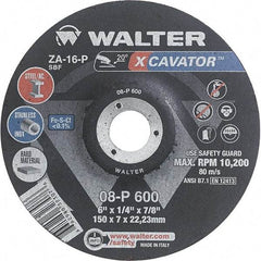 WALTER Surface Technologies - 16 Grit, 6" Wheel Diam, 1/4" Wheel Thickness, 7/8" Arbor Hole, Type 27 Depressed Center Wheel - Aluminum Oxide, Resinoid Bond, 10,200 Max RPM - Benchmark Tooling