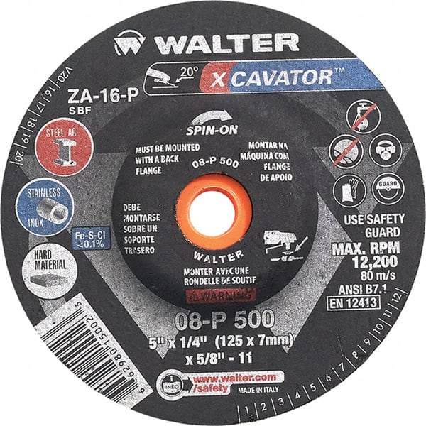 WALTER Surface Technologies - 16 Grit, 5" Wheel Diam, 1/4" Wheel Thickness, Type 27 Depressed Center Wheel - Aluminum Oxide, Resinoid Bond, 12,200 Max RPM - Benchmark Tooling