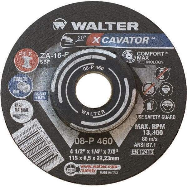 WALTER Surface Technologies - 16 Grit, 4-1/2" Wheel Diam, 1/4" Wheel Thickness, 7/8" Arbor Hole, Type 27 Depressed Center Wheel - Aluminum Oxide, Resinoid Bond, 13,300 Max RPM - Benchmark Tooling