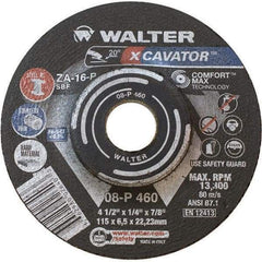 WALTER Surface Technologies - 16 Grit, 4-1/2" Wheel Diam, 1/4" Wheel Thickness, 7/8" Arbor Hole, Type 27 Depressed Center Wheel - Aluminum Oxide, Resinoid Bond, 13,300 Max RPM - Benchmark Tooling