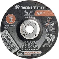 WALTER Surface Technologies - 24 Grit, 3" Wheel Diam, 1/4" Wheel Thickness, 3/8" Arbor Hole, Type 27 Depressed Center Wheel - Aluminum Oxide, Resinoid Bond, 20,000 Max RPM - Benchmark Tooling