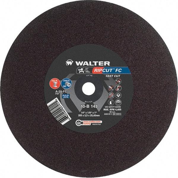 WALTER Surface Technologies - 14" 24 Grit Aluminum Oxide Cutoff Wheel - 1/8" Thick, 1" Arbor, 4,400 Max RPM, Use with Stationary Tools - Benchmark Tooling