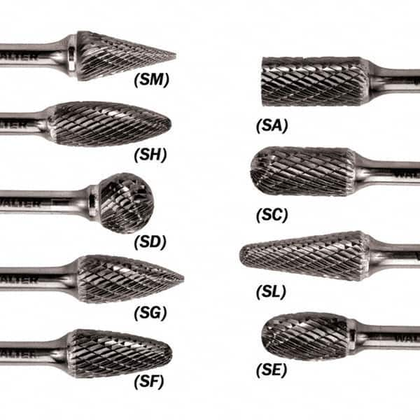 WALTER Surface Technologies - 1/4" Cut Diam, 1/4" Shank Diam, Taper Head Double Cut Burr - Carbide, 5/8" LOC - Benchmark Tooling