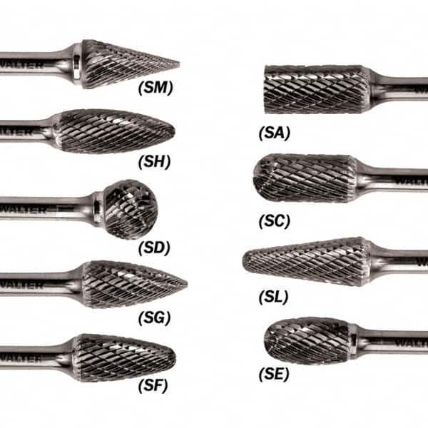 WALTER Surface Technologies - 5/16" Cut Diam, 1/4" Shank Diam, Taper Head Double Cut Burr - Carbide, 3/4" LOC - Benchmark Tooling