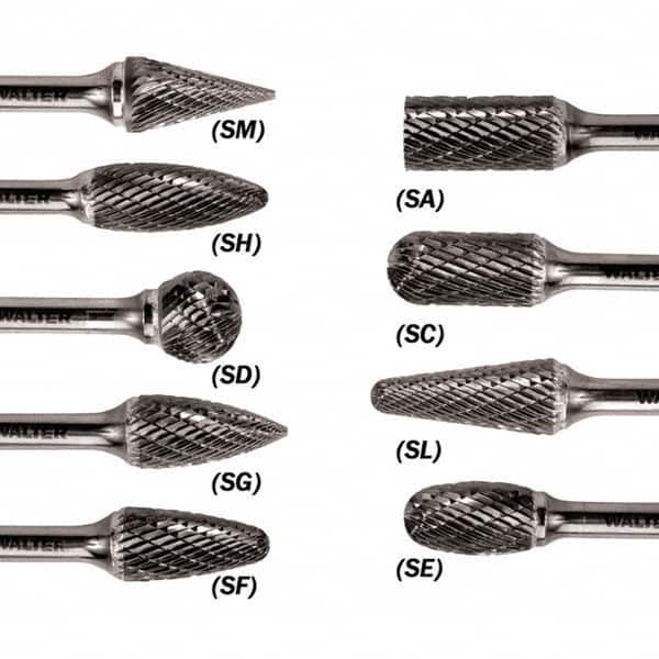 WALTER Surface Technologies - 1/4" Cut Diam, 1/4" Shank Diam, Taper Head Double Cut Burr - Carbide, 5/8" LOC - Benchmark Tooling