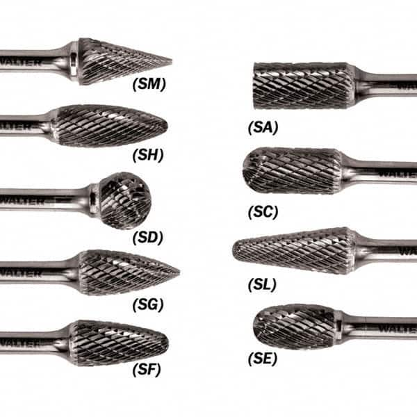 WALTER Surface Technologies - 1/2" Cut Diam, 1/4" Shank Diam, Taper Head Double Cut Burr - Carbide, 1" LOC - Benchmark Tooling