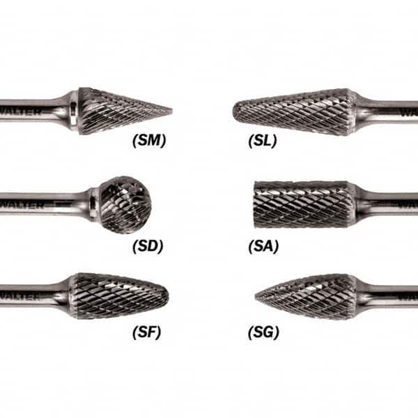 WALTER Surface Technologies - 1/8" Cut Diam, 1/8" Shank Diam, Cone Head Double Cut Burr - Carbide, 1/2" LOC - Benchmark Tooling