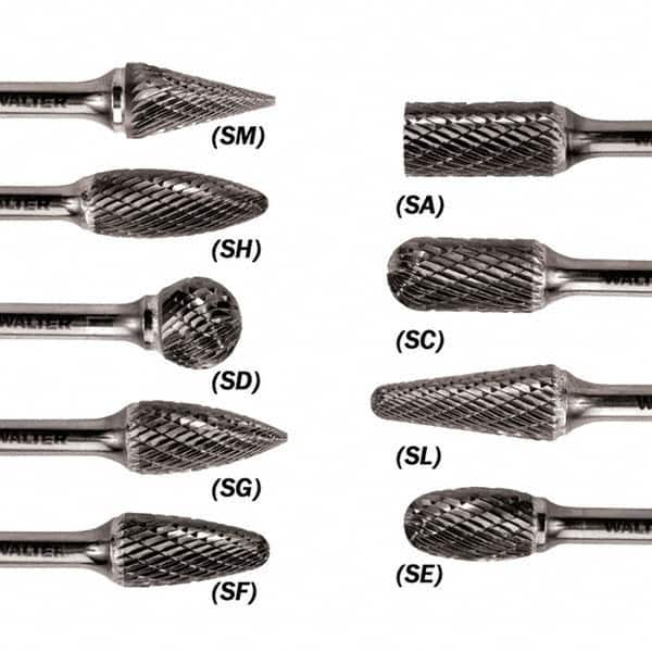 WALTER Surface Technologies - 1/2" Cut Diam, 1/4" Shank Diam, Ball Head Double Cut Burr - Carbide, 7/16" LOC - Benchmark Tooling