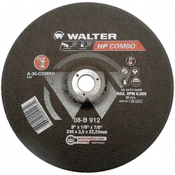 WALTER Surface Technologies - 30 Grit, 9" Wheel Diam, 1/8" Wheel Thickness, 7/8" Arbor Hole, Type 27 Depressed Center Wheel - Aluminum Oxide, Resinoid Bond, 6,600 Max RPM - Benchmark Tooling