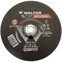 WALTER Surface Technologies - 30 Grit, 9" Wheel Diam, 1/8" Wheel Thickness, 7/8" Arbor Hole, Type 27 Depressed Center Wheel - Aluminum Oxide, Resinoid Bond, 6,600 Max RPM - Benchmark Tooling