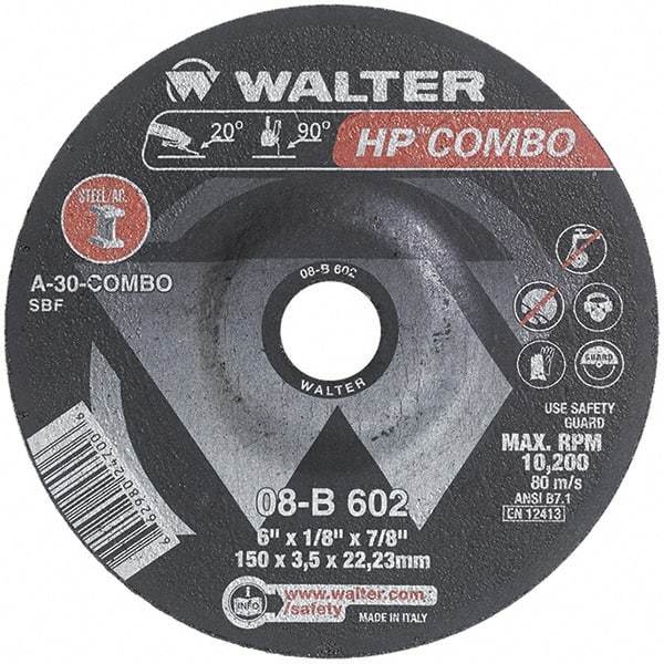 WALTER Surface Technologies - 30 Grit, 6" Wheel Diam, 1/8" Wheel Thickness, 7/8" Arbor Hole, Type 27 Depressed Center Wheel - Aluminum Oxide, Resinoid Bond, 10,200 Max RPM - Benchmark Tooling