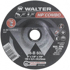 WALTER Surface Technologies - 30 Grit, 6" Wheel Diam, 1/8" Wheel Thickness, 7/8" Arbor Hole, Type 27 Depressed Center Wheel - Aluminum Oxide, Resinoid Bond, 10,200 Max RPM - Benchmark Tooling