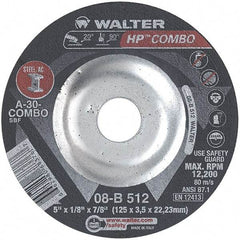 WALTER Surface Technologies - 30 Grit, 5" Wheel Diam, 1/8" Wheel Thickness, 7/8" Arbor Hole, Type 27 Depressed Center Wheel - Aluminum Oxide, Resinoid Bond, 12,200 Max RPM - Benchmark Tooling