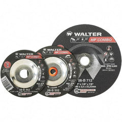 WALTER Surface Technologies - 30 Grit, 4-1/2" Wheel Diam, 1/8" Wheel Thickness, 7/8" Arbor Hole, Type 27 Depressed Center Wheel - Aluminum Oxide, Resinoid Bond, 13,300 Max RPM - Benchmark Tooling