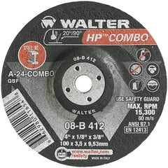 WALTER Surface Technologies - 24 Grit, 4" Wheel Diam, 1/8" Wheel Thickness, 3/8" Arbor Hole, Type 27 Depressed Center Wheel - Aluminum Oxide, Resinoid Bond, 15,000 Max RPM - Benchmark Tooling