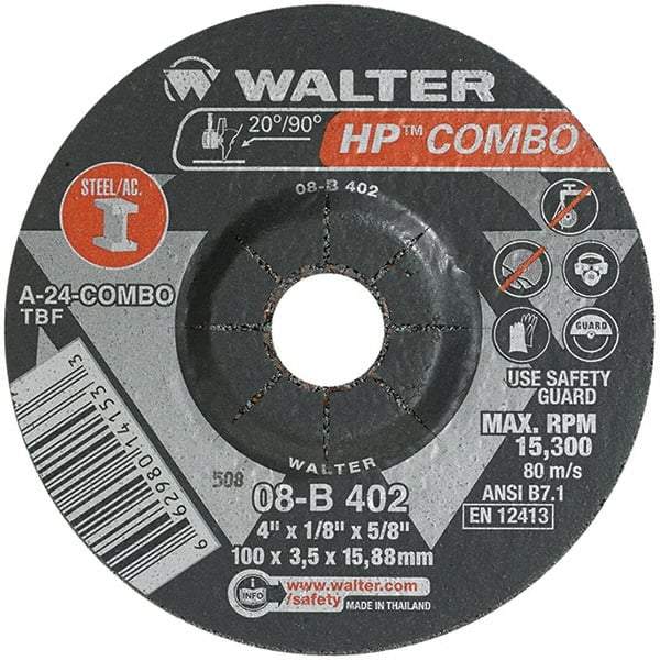 WALTER Surface Technologies - 24 Grit, 4" Wheel Diam, 1/8" Wheel Thickness, 5/8" Arbor Hole, Type 27 Depressed Center Wheel - Aluminum Oxide, Resinoid Bond, 15,000 Max RPM - Benchmark Tooling