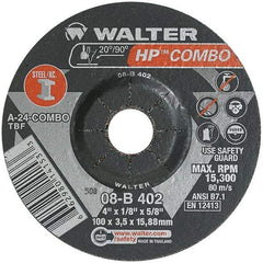 WALTER Surface Technologies - 24 Grit, 4" Wheel Diam, 1/8" Wheel Thickness, 5/8" Arbor Hole, Type 27 Depressed Center Wheel - Aluminum Oxide, Resinoid Bond, 15,000 Max RPM - Benchmark Tooling