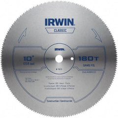 Irwin - 10" Diam, 5/8" Arbor Hole Diam, 180 Tooth Wet & Dry Cut Saw Blade - High Carbon Steel, Smooth Action, Standard Round Arbor - Benchmark Tooling