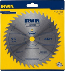 Irwin Blades - 7-1/4" Diam, 5/8" Arbor Hole Diam, 40 Tooth Wet & Dry Cut Saw Blade - High Carbon Steel, Smooth Action, Diamond Arbor - Benchmark Tooling