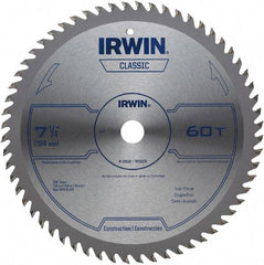 Irwin Blades - 7-1/4" Diam, 5/8" Arbor Hole Diam, 60 Tooth Wet & Dry Cut Saw Blade - Carbide-Tipped, Smooth Action, Diamond Arbor - Benchmark Tooling