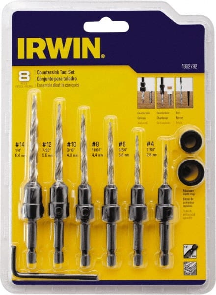 Irwin - 8 Piece, 1/4 to 1/2" Head Diam, Single End Countersink Set - Benchmark Tooling