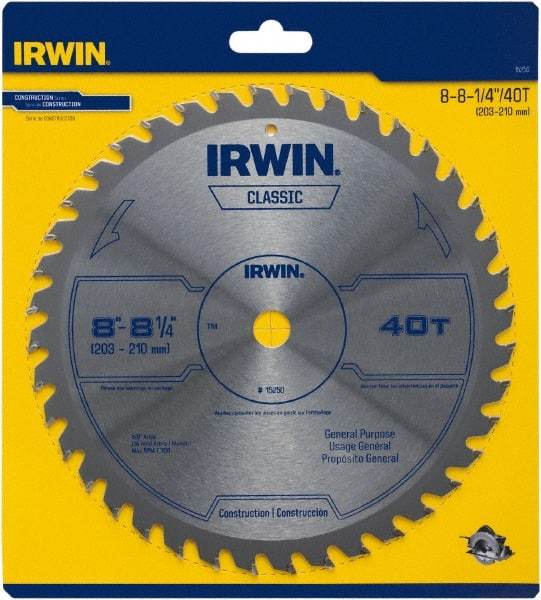 Irwin Blades - 8-1/4" Diam, 5/8" Arbor Hole Diam, 40 Tooth Wet & Dry Cut Saw Blade - Carbide-Tipped, Smooth Action, Diamond Arbor - Benchmark Tooling