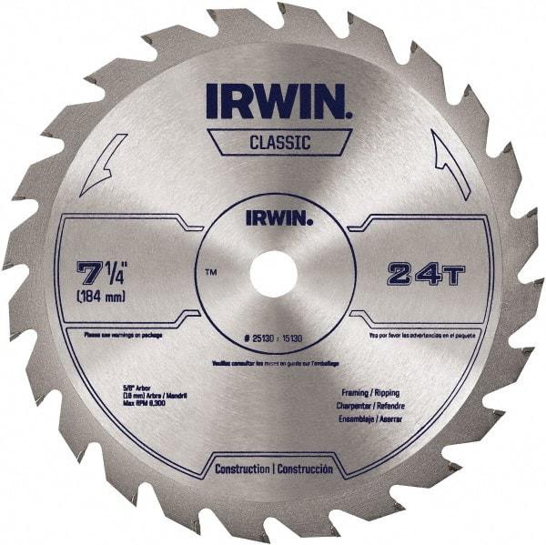 Irwin Blades - 7-1/4" Diam, 5/8" Arbor Hole Diam, 24 Tooth Wet & Dry Cut Saw Blade - Carbide-Tipped, Smooth Action, Diamond Arbor - Benchmark Tooling