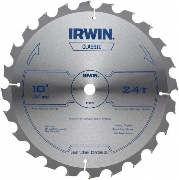 Irwin - 10" Diam, 5/8" Arbor Hole Diam, 24 Tooth Wet & Dry Cut Saw Blade - Carbide-Tipped, Smooth Action, Diamond Arbor - Benchmark Tooling