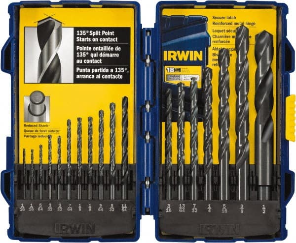 Irwin - 1/16 to 1/2", 135° Point, Oxide Finish, High Speed Steel Jobber Length Drill Bit Set - Benchmark Tooling