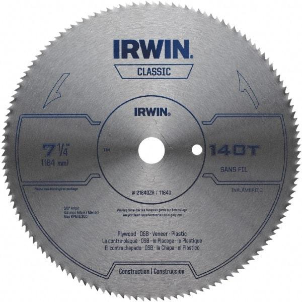 Irwin Blades - 7-1/4" Diam, 5/8" Arbor Hole Diam, 140 Tooth Wet & Dry Cut Saw Blade - High Carbon Steel, Smooth Action, Diamond Arbor - Benchmark Tooling