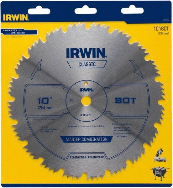 Irwin Blades - 10" Diam, 5/8" Arbor Hole Diam, 80 Tooth Wet & Dry Cut Saw Blade - High Carbon Steel, Smooth Action, Standard Round Arbor - Benchmark Tooling