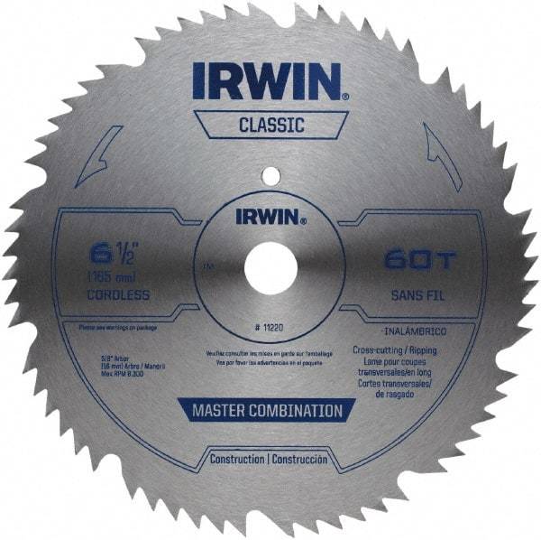 Irwin - 6-1/2" Diam, 5/8" Arbor Hole Diam, 60 Tooth Wet & Dry Cut Saw Blade - High Carbon Steel, Smooth Action, Standard Round Arbor - Benchmark Tooling