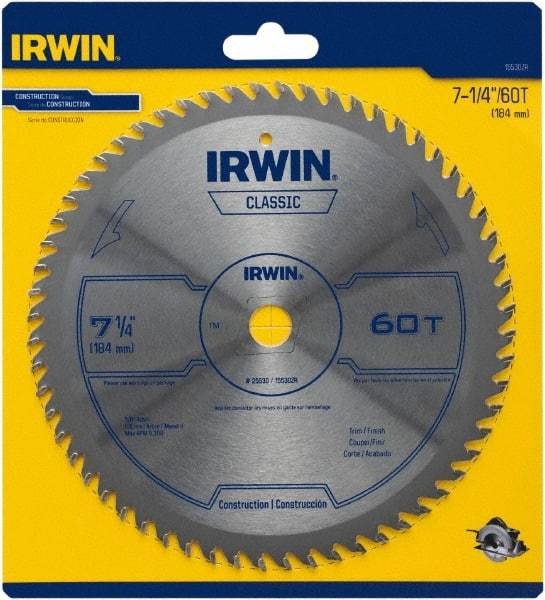 Irwin Blades - 7-1/4" Diam, 5/8" Arbor Hole Diam, 60 Tooth Wet & Dry Cut Saw Blade - Carbide-Tipped, Smooth Action, Diamond Arbor - Benchmark Tooling