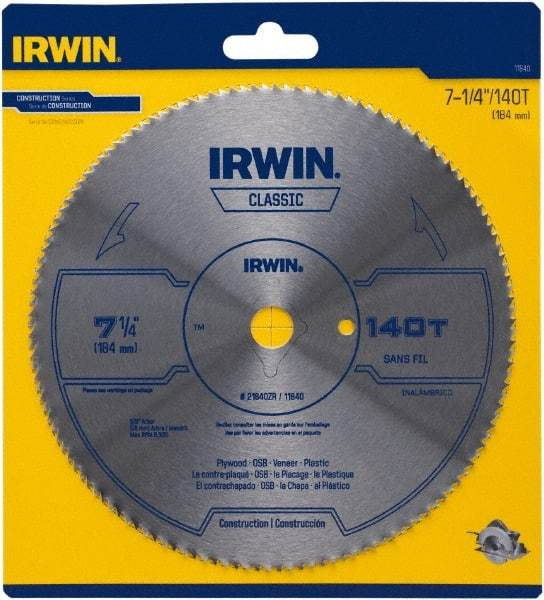 Irwin Blades - 7-1/4" Diam, 5/8" Arbor Hole Diam, 140 Tooth Wet & Dry Cut Saw Blade - High Carbon Steel, Smooth Action, Diamond Arbor - Benchmark Tooling